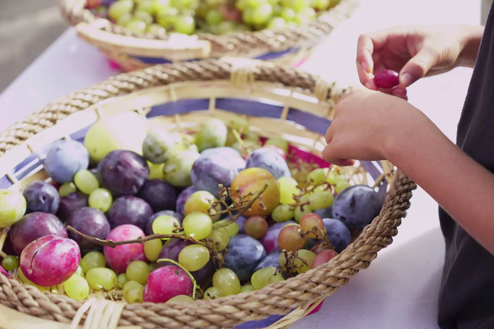Mani di bambini sgranano fagioli freschi raccolti in un cesto