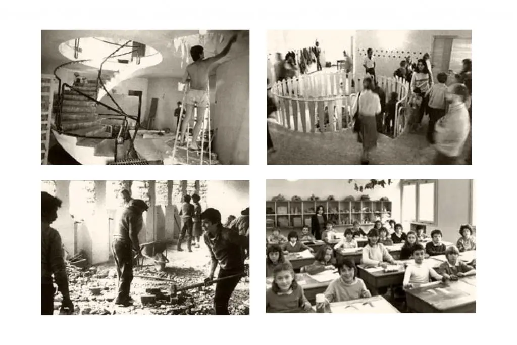 Composizione di fotografie d’archivio con aule, alunni e lavori all’aperto